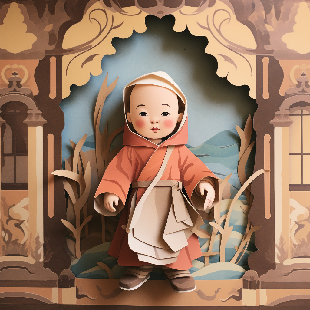 Cute baby Tibetan monk inside monastery temple