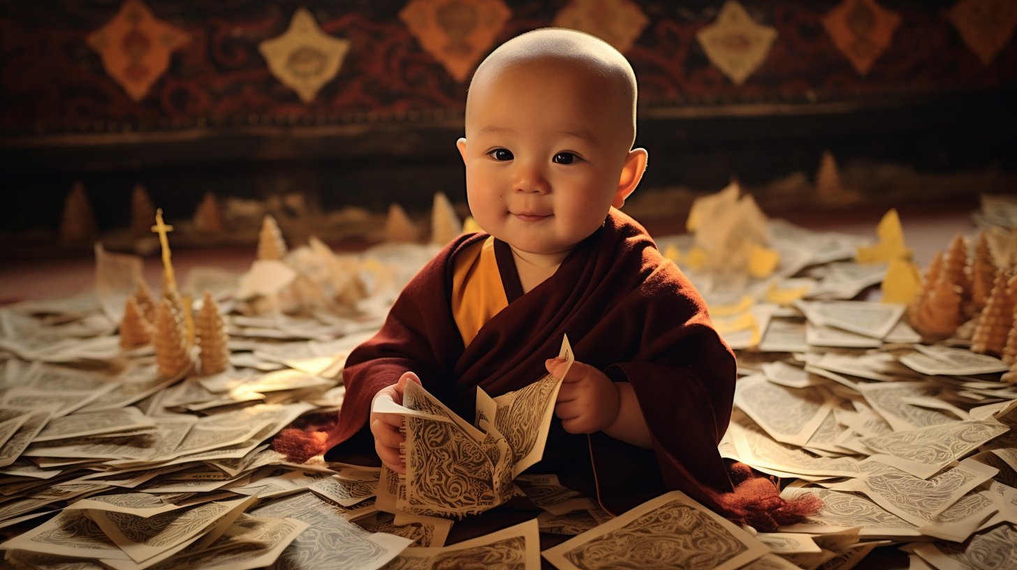 Image of a cute baby Tibetan monk in delicate paper cutouts