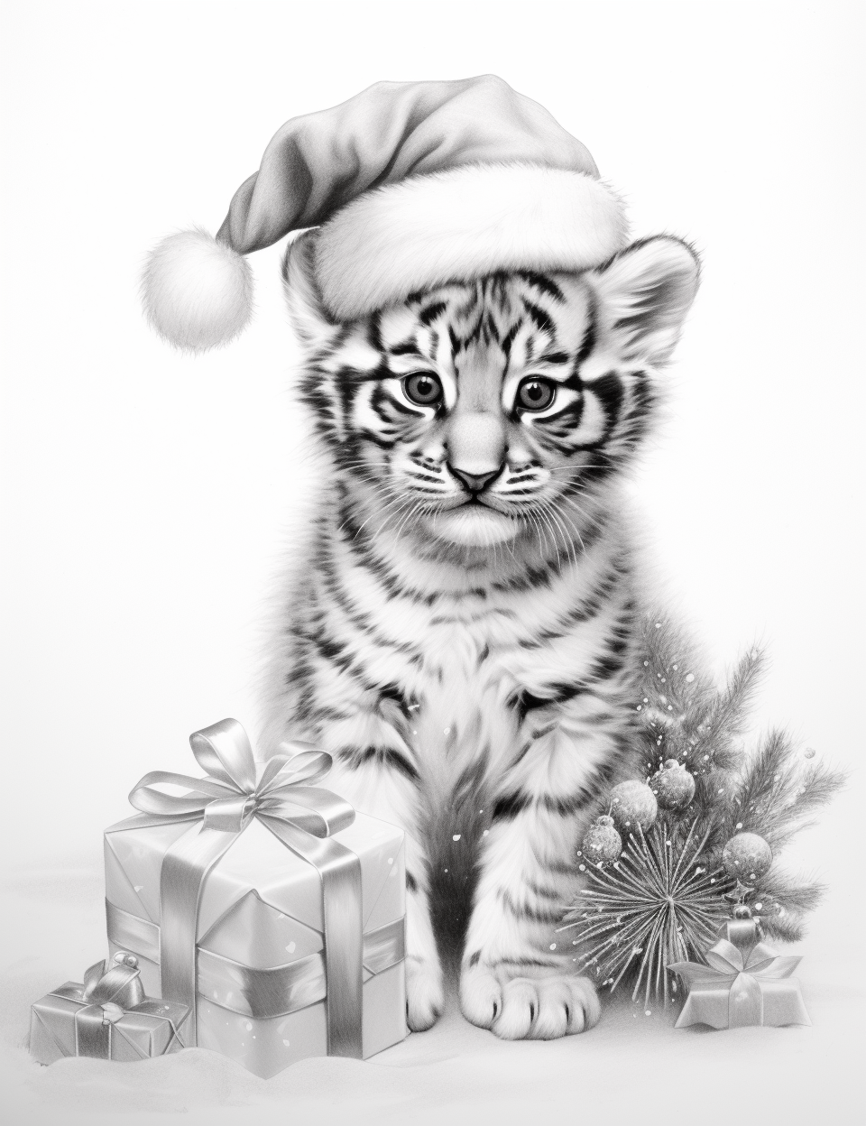 Cute baby tiger wearing Santa hat