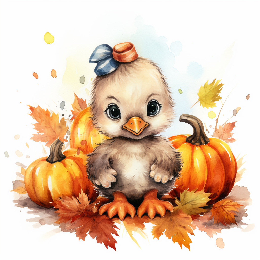 Watercolor illustration of a cute baby turkey with pumpkins