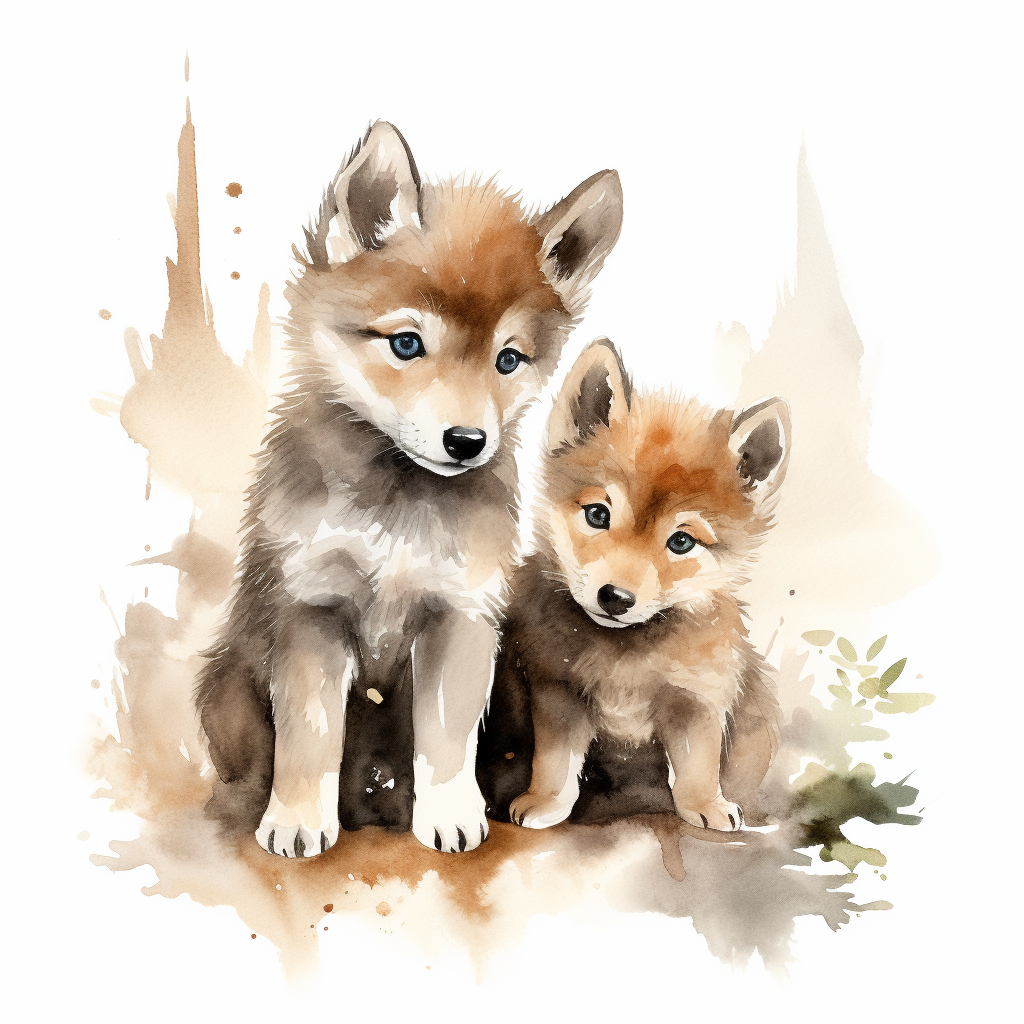 Cute baby wolf couple on watercolor background