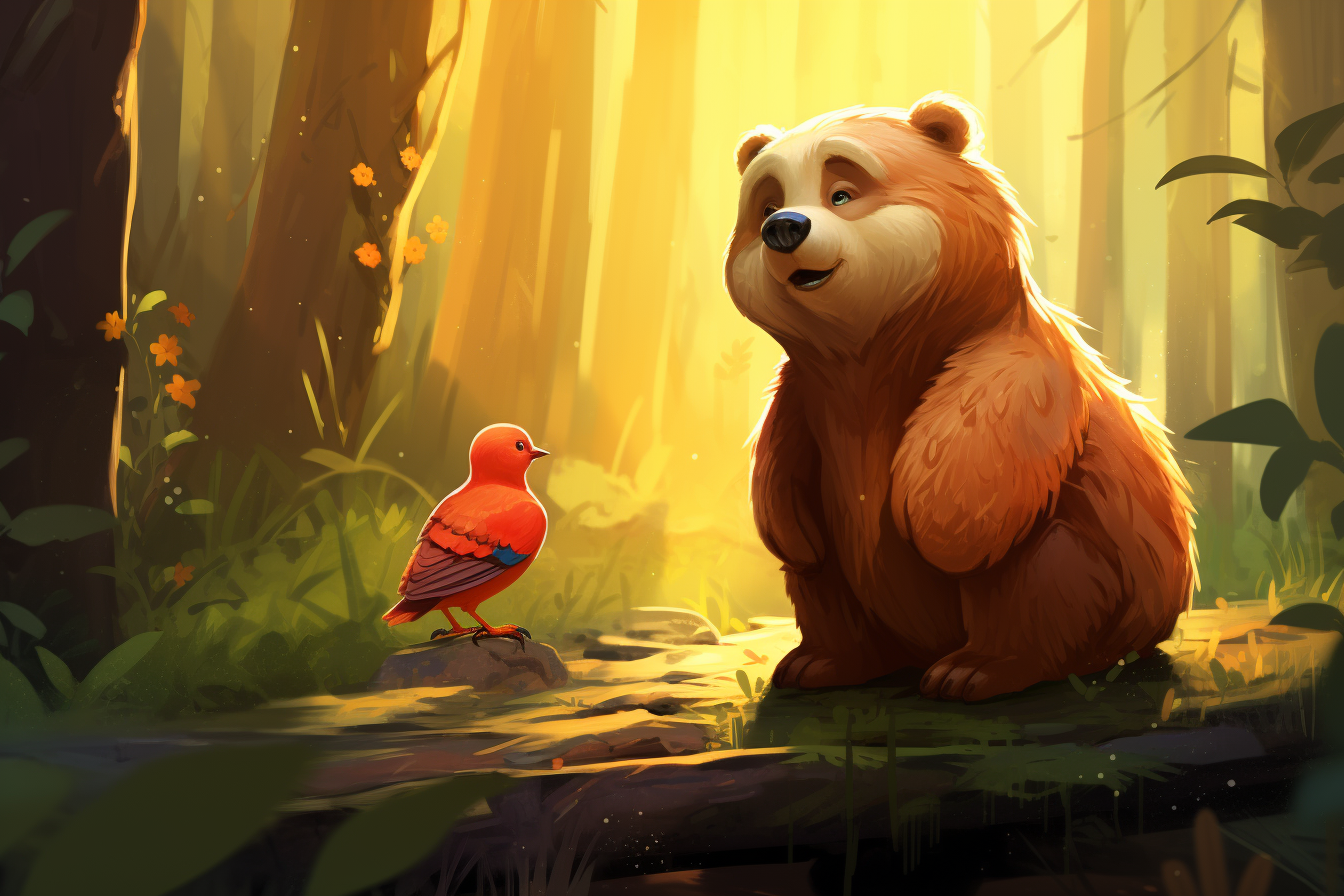 Cute bear and bird posing in forest