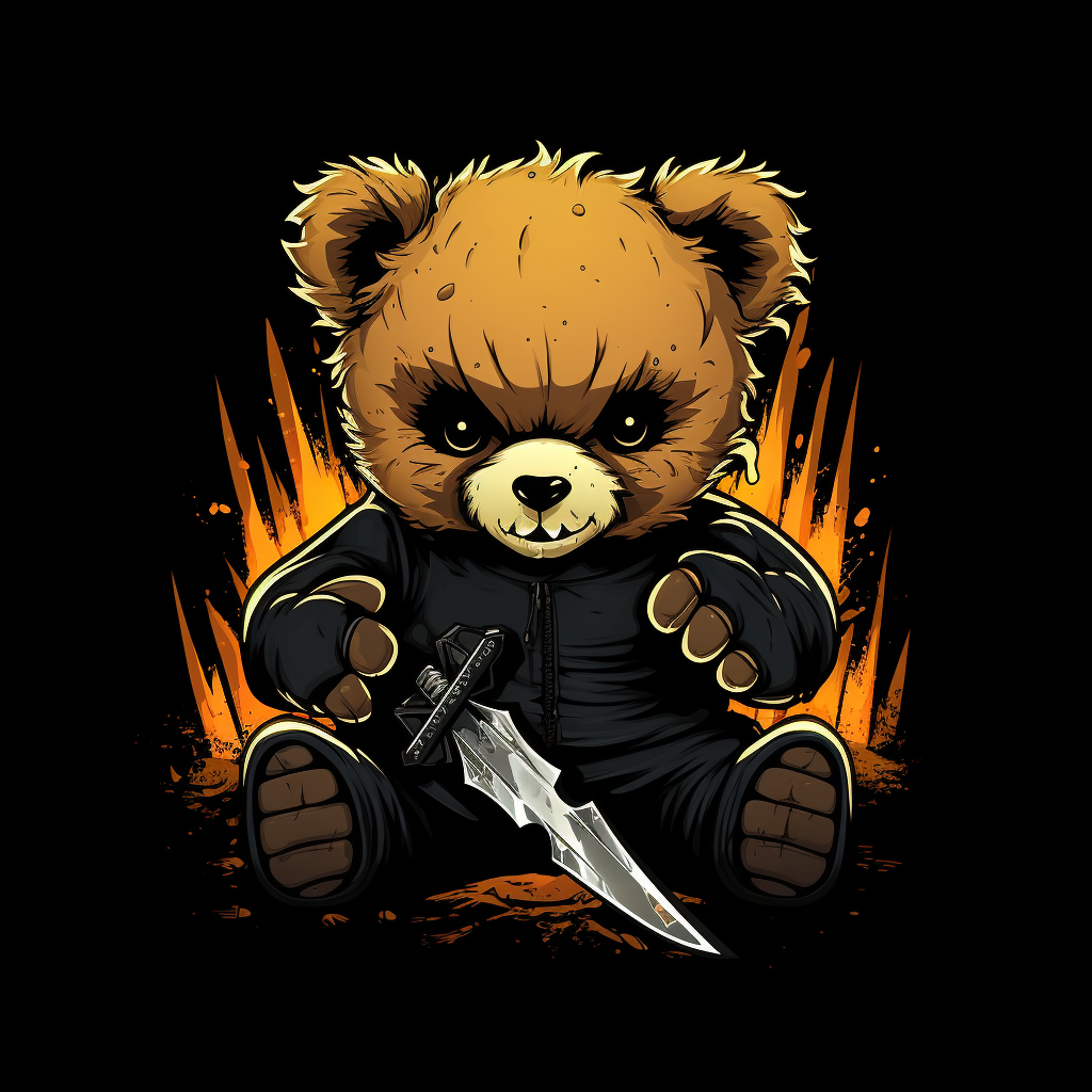 Illustration of tired, excited bear holding knife