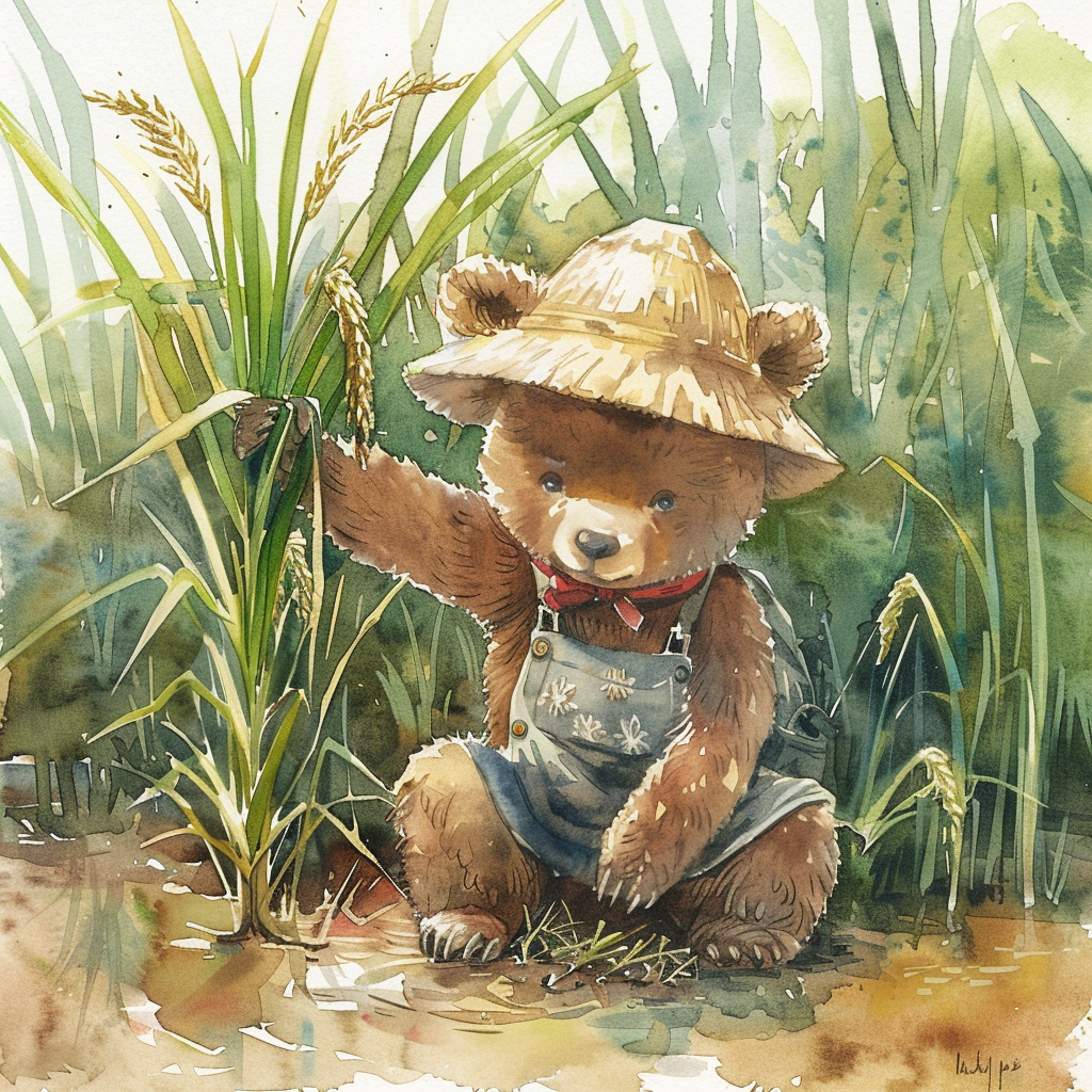 Cute Bear Planting Rice Illustration