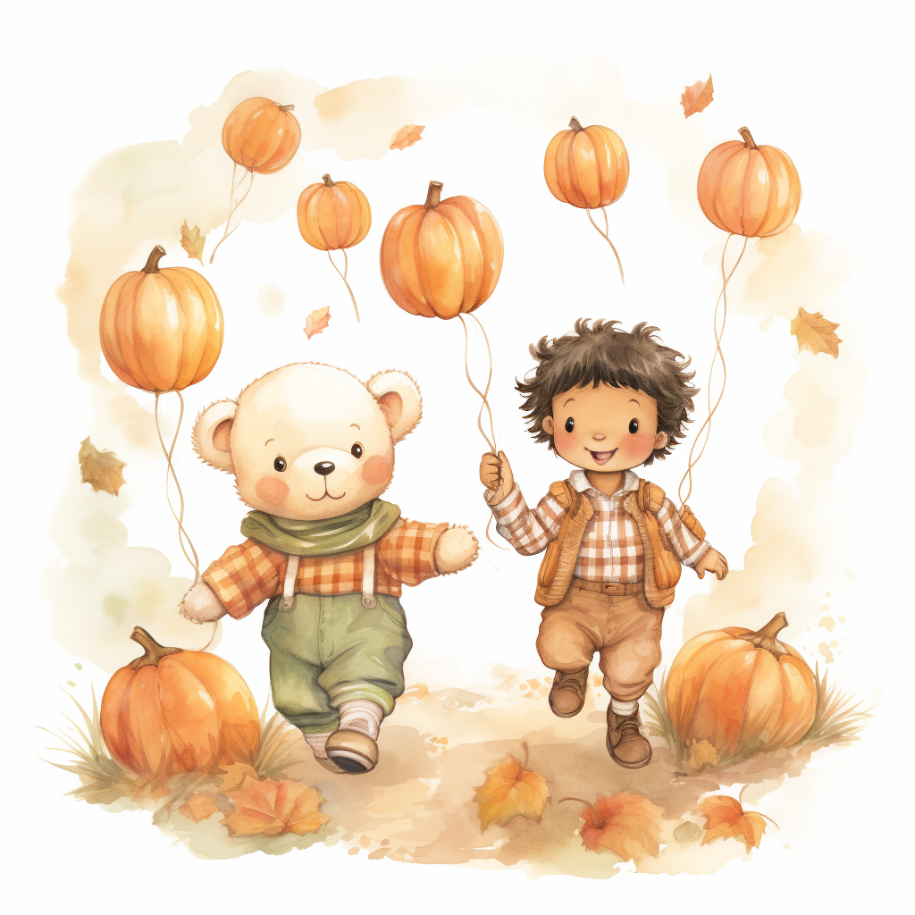 Cute bears and afro child in pumpkin patch