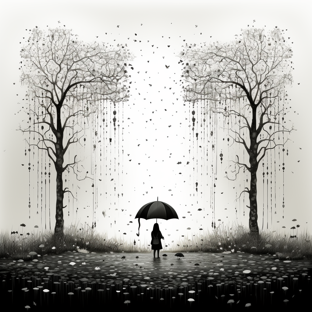 Cute black and white Korean style art with sand and rain on flowers