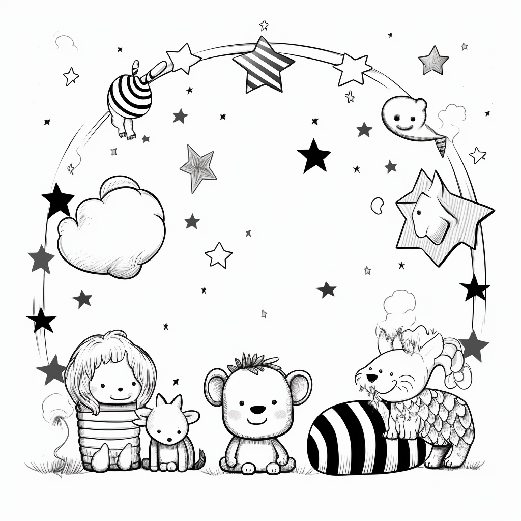 Cute black and white line drawing kids circus sign