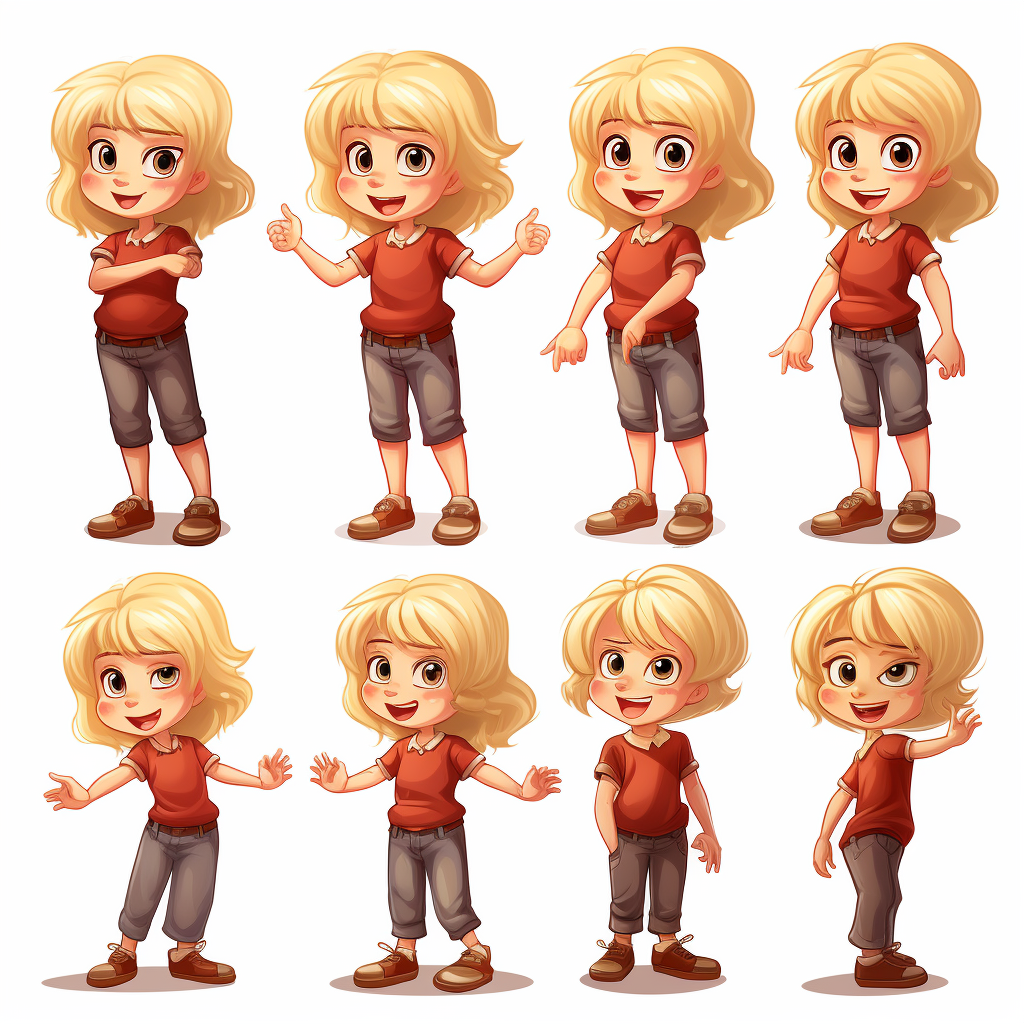 Cute blonde 8-year-old attitude cartoon character on white background