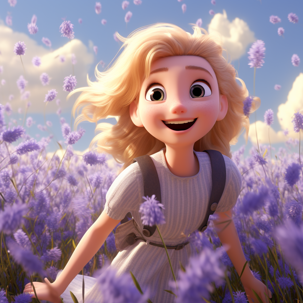 Cute blonde flying fast over lilac field on broom