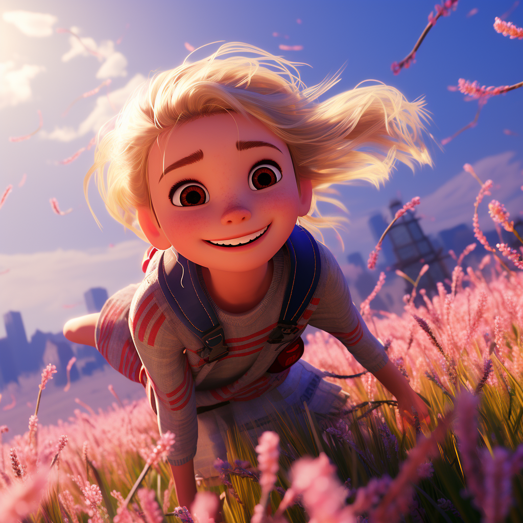 Blonde with Freckles Flying over Lilac Field