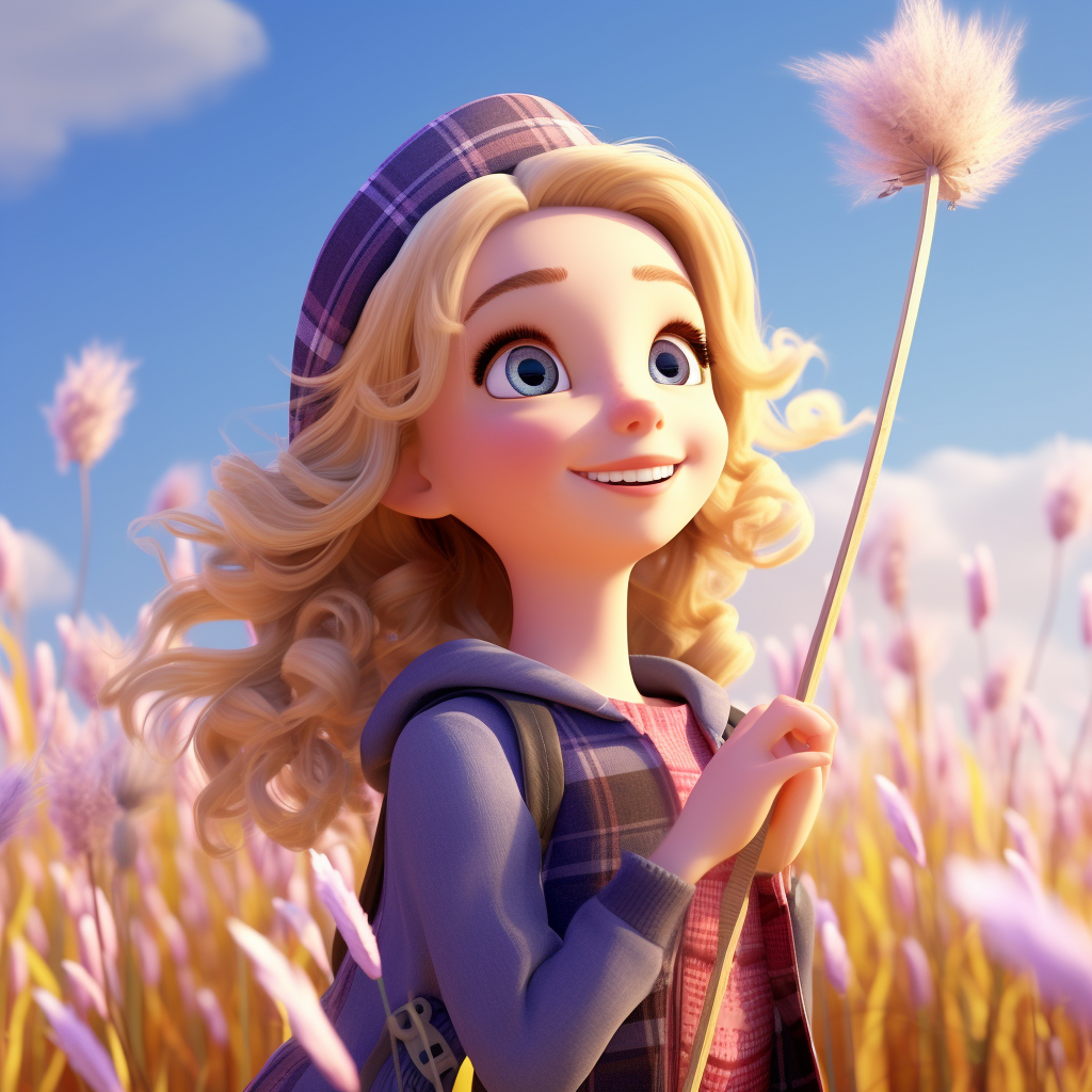 Blonde girl flying over lilac field on a broom