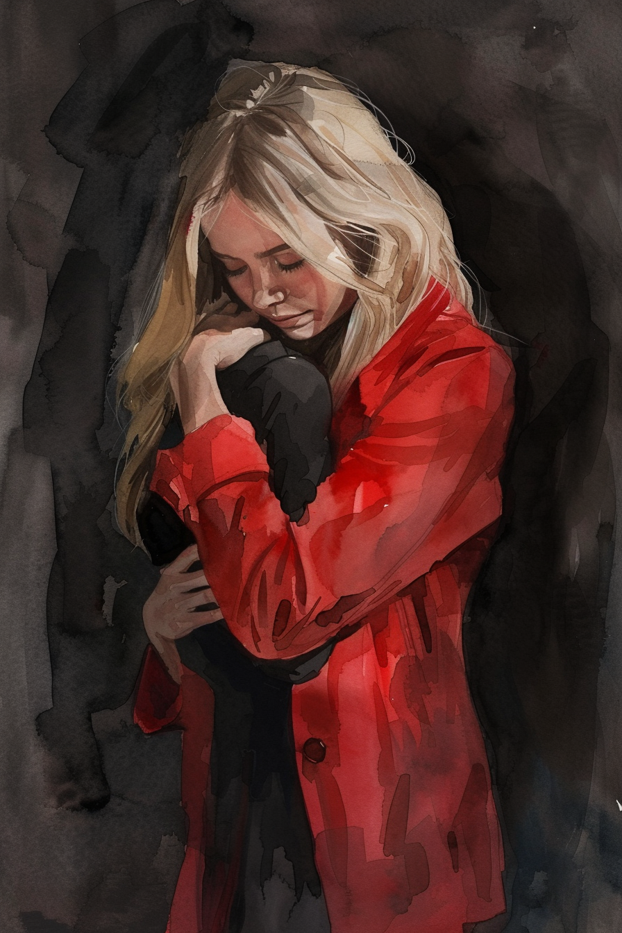 Cute blonde girl hugging shadow in watercolor