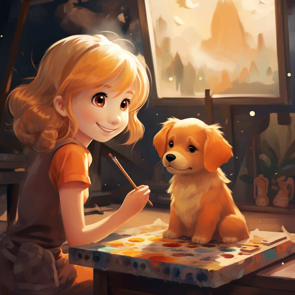 Cute blonde girl painting with orange lab dog