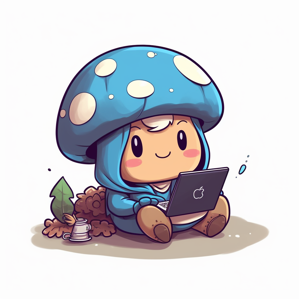 Cute blue mushroom with laptop in forest