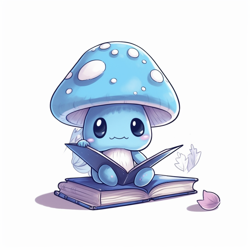 Cute blue mushroom on book working with laptop