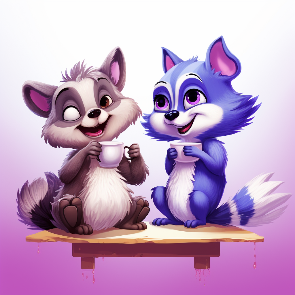 Cute bluejay and raccoon cartoon drinking purple juice