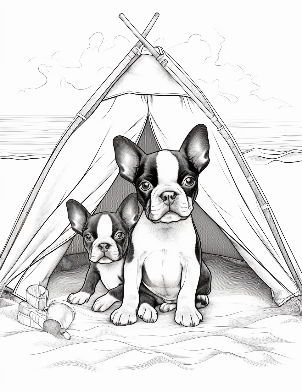 Two adorable Boston terrier puppies enjoying the beach