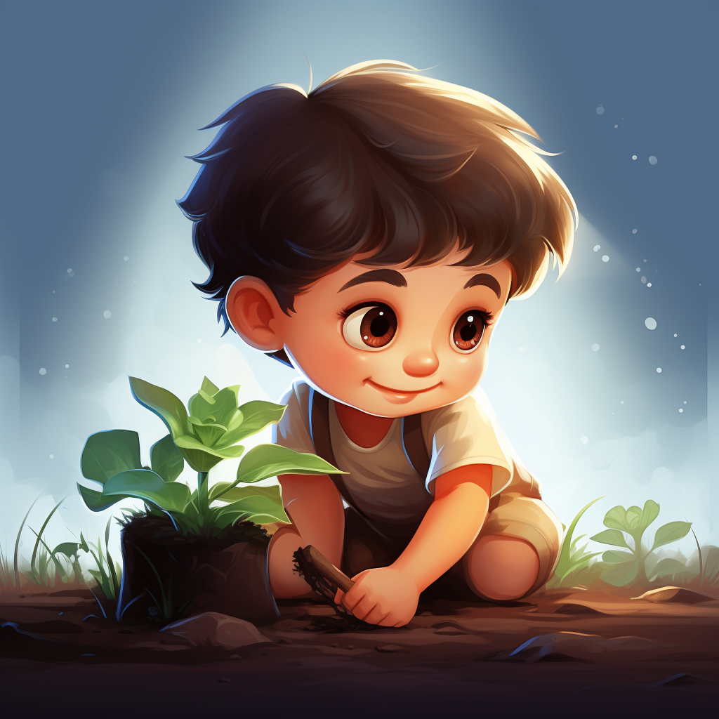 Young boy planting a plant