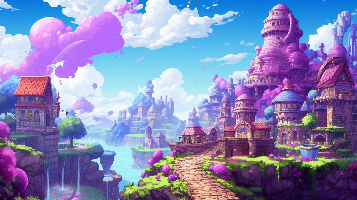 Beautiful purple pixel art village in daylight