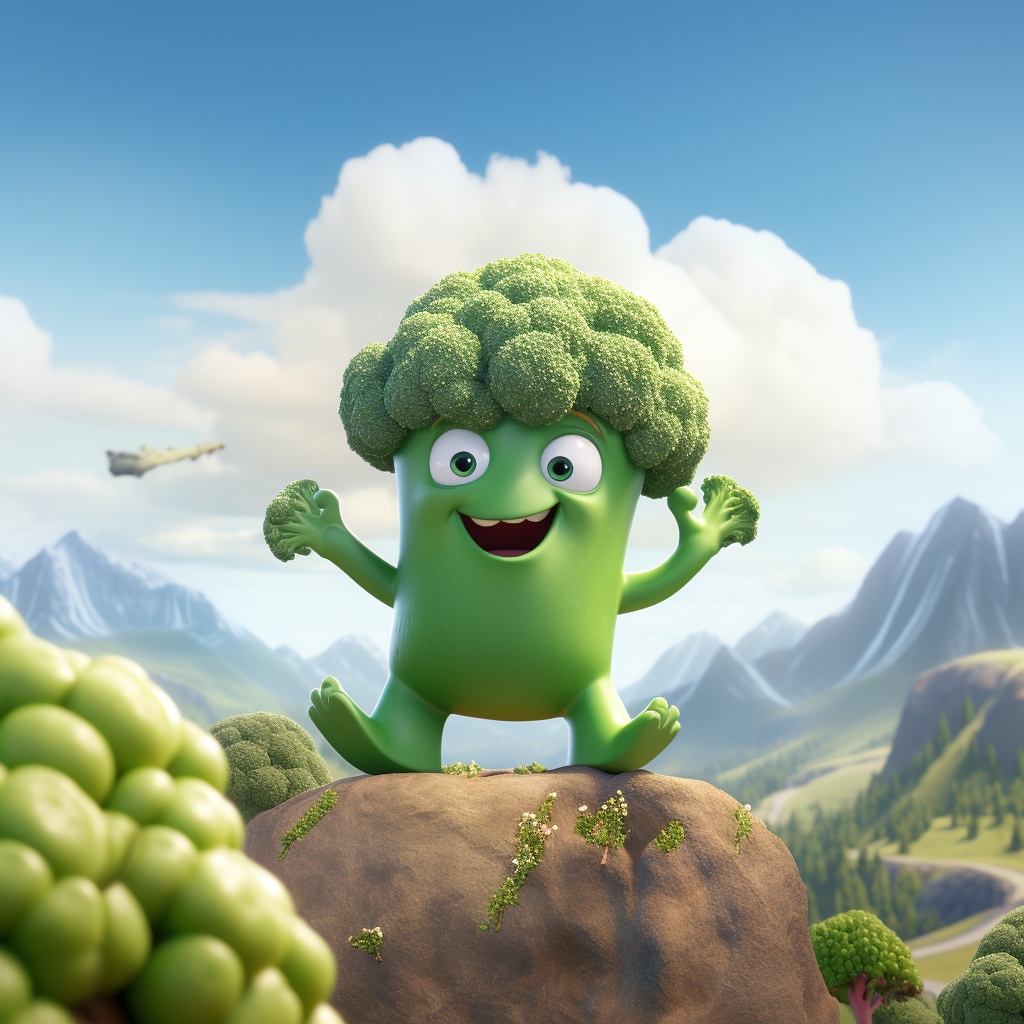 Cute broccoli moving a mountain with hands