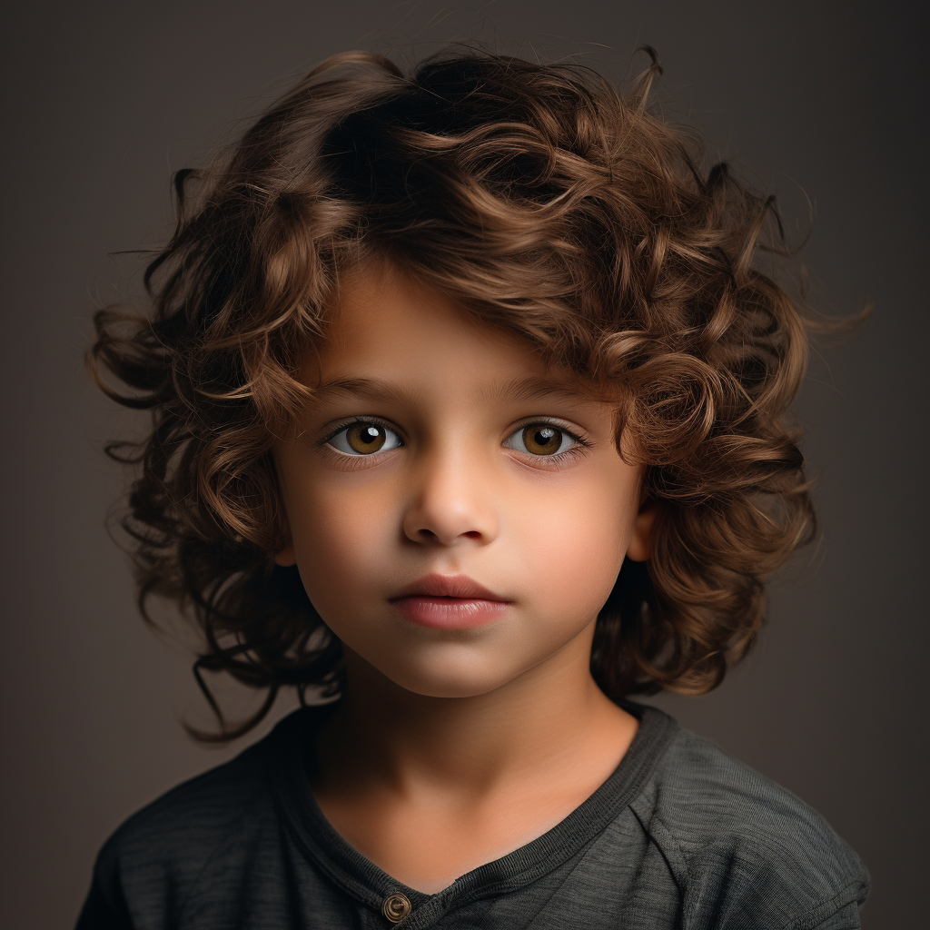 Smiling boy with brown curly hair