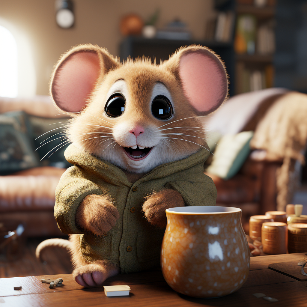 Chubby brown mouse enjoying a cup of coffee