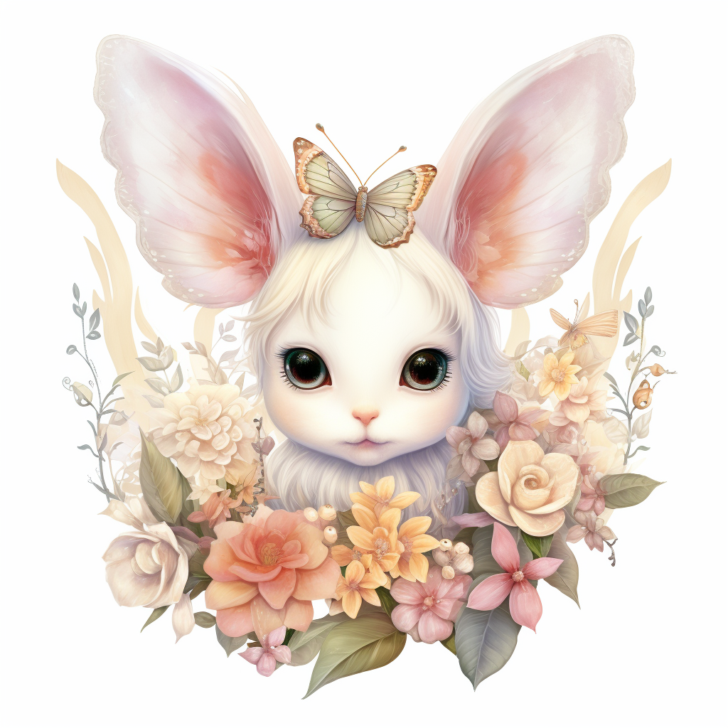 White bunny with fairy wings and flowers