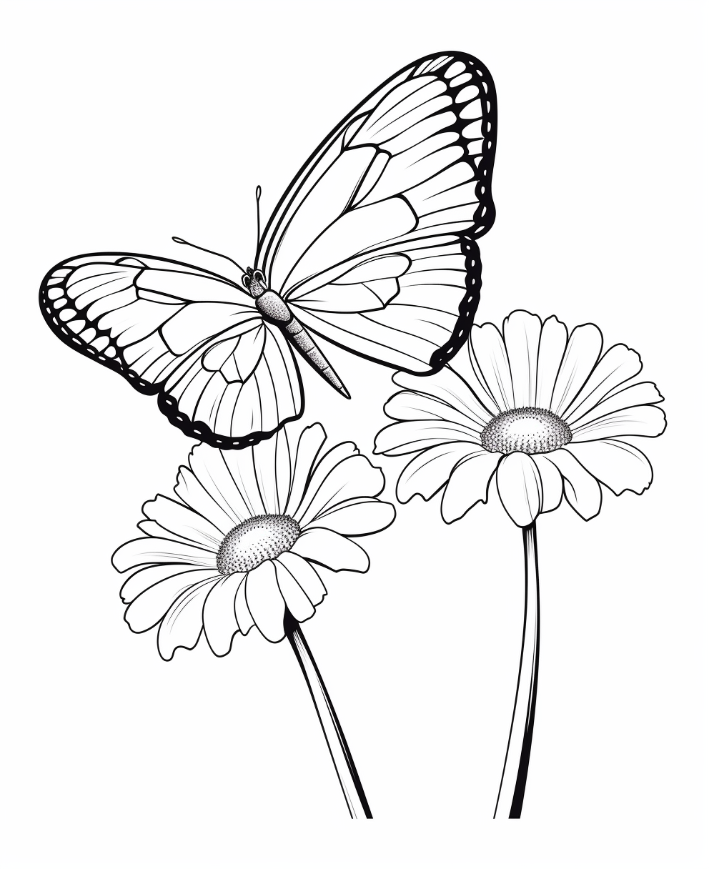 Vector outline of a cute butterfly near a daisy