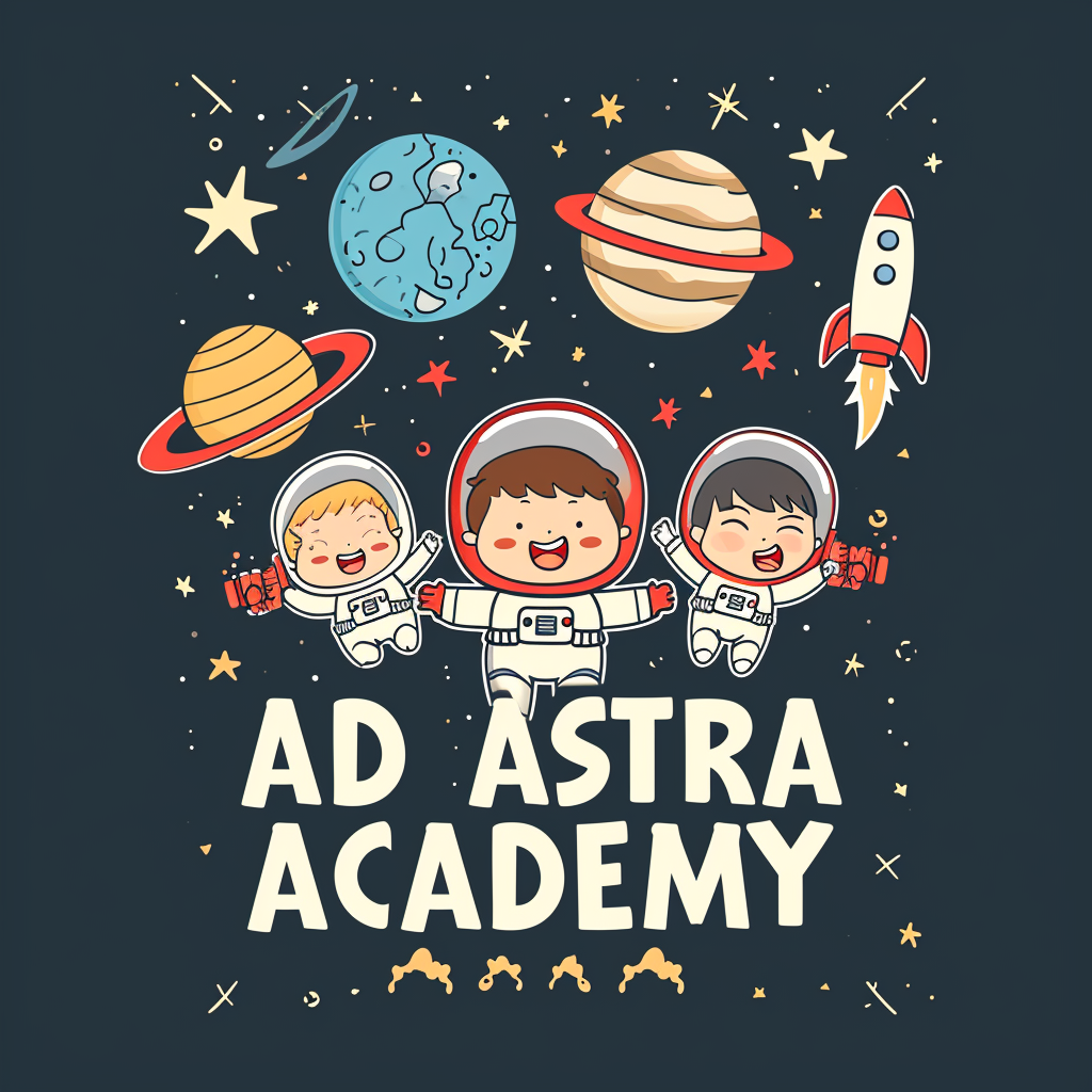 Cartoon of cute astronauts, planets, and rockets