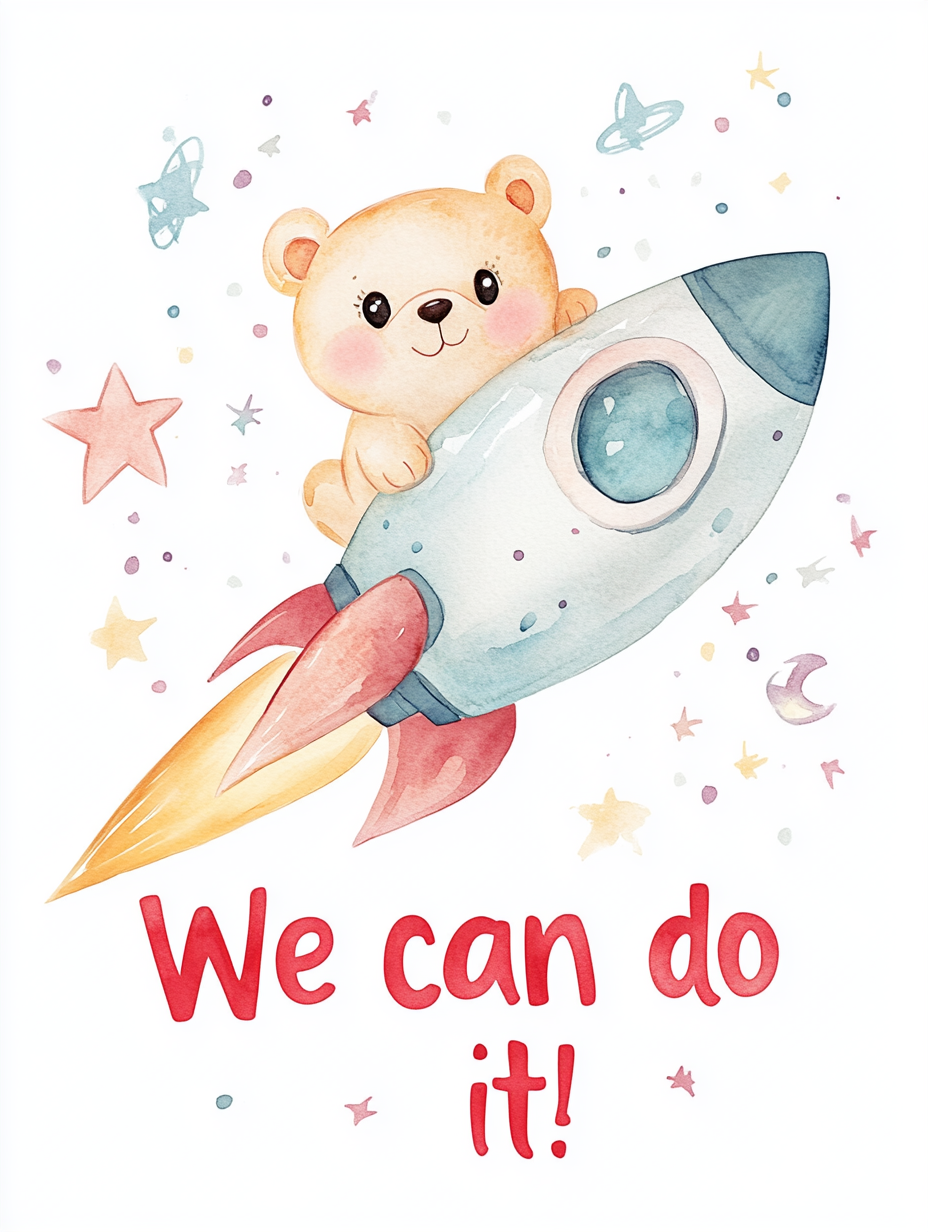 Cute bear flying rocket space