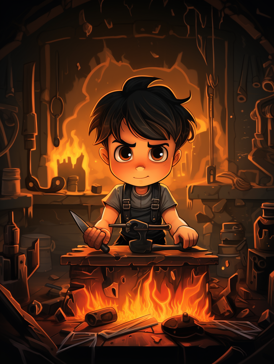 Cartoon blacksmith forging a knife