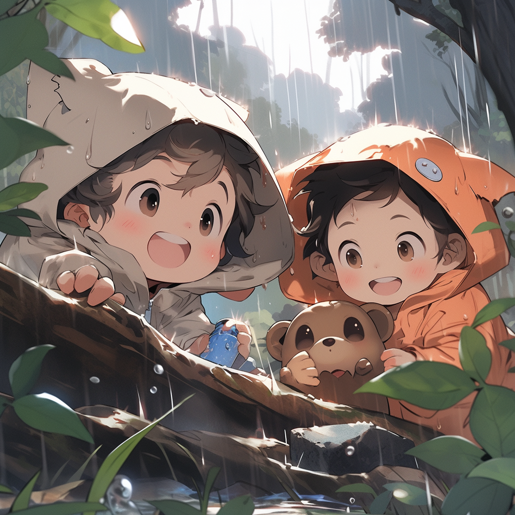 Cute cartoon boys and girls playing in rain