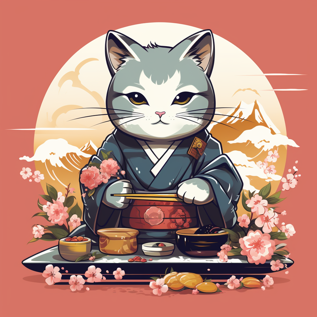 Cartoon cat eating sushi kimono