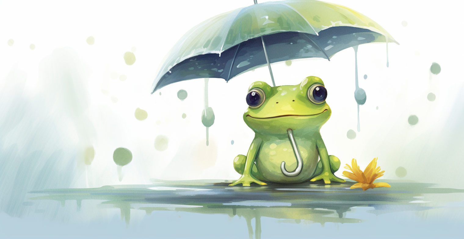 Cute cartoon frog with umbrella in rain