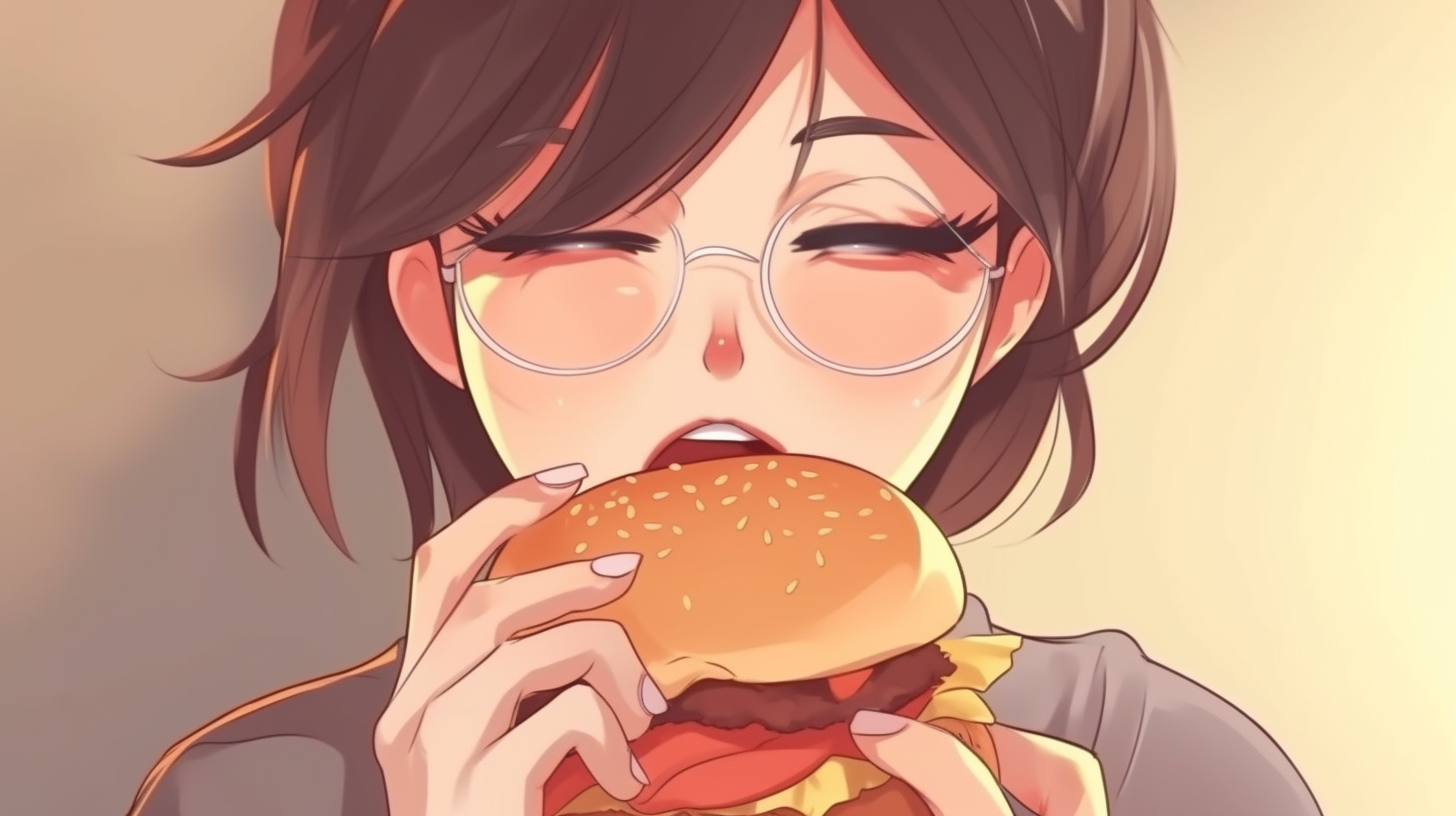 cartoon girl holding hamburger closeup