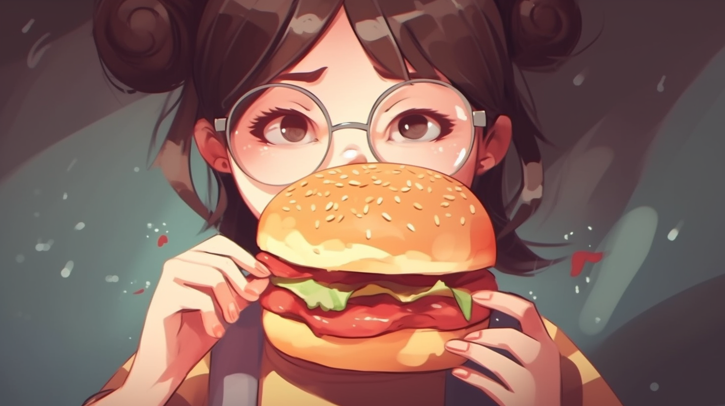 Cute cartoon girl holding hamburger