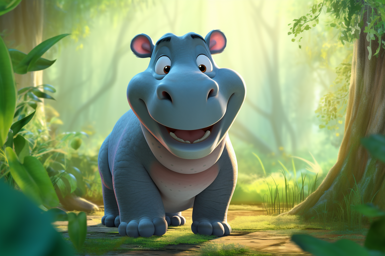 Cartoon Hippo Standing in Forest