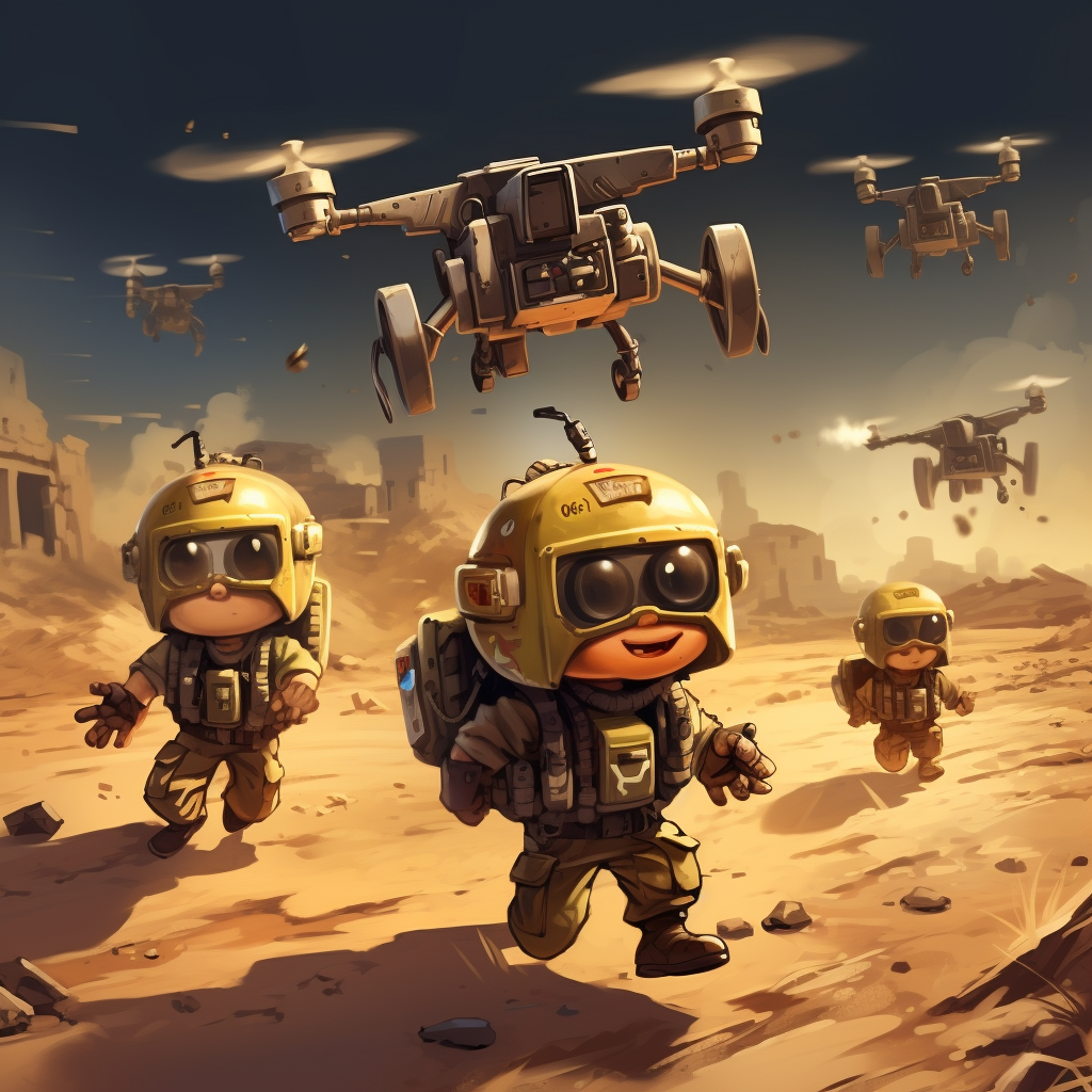 Adorable cartoon drone chasing soldiers