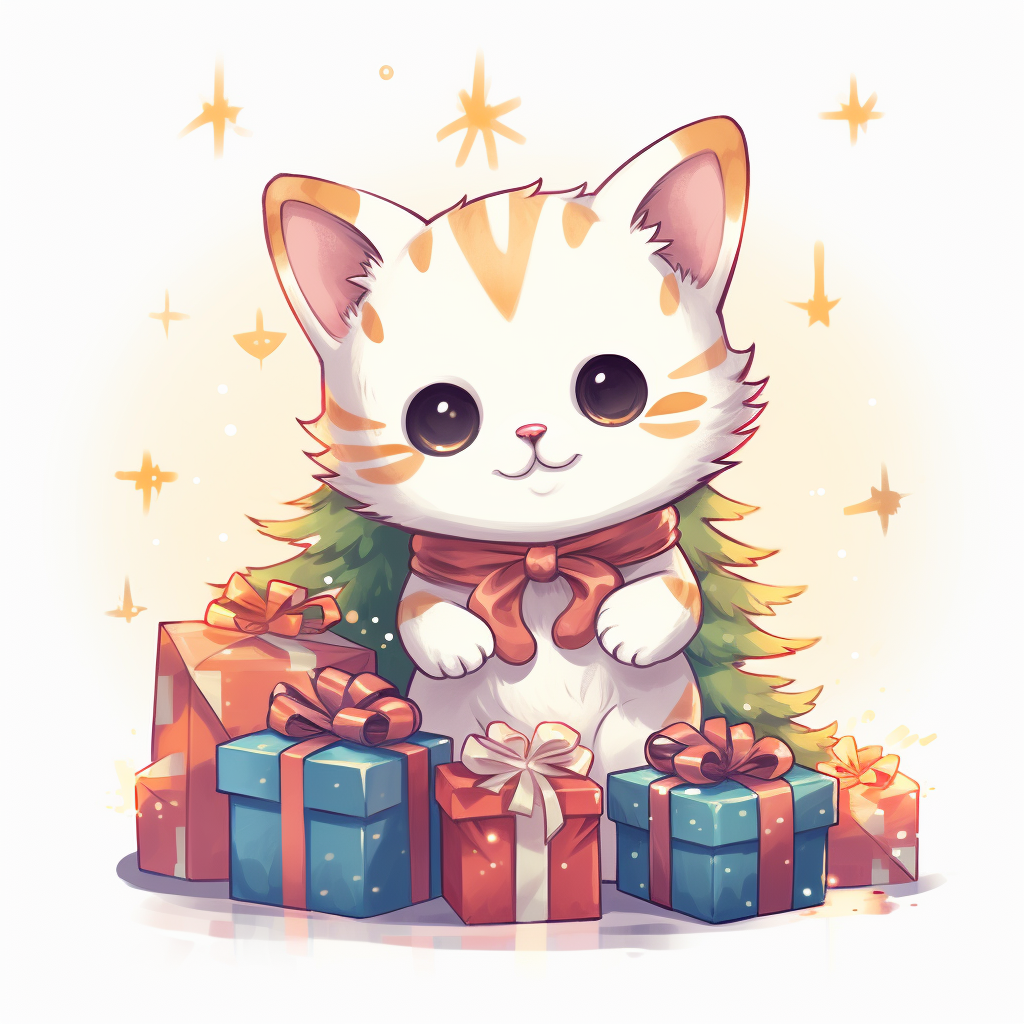 Adorable anime cat opening presents on Christmas day