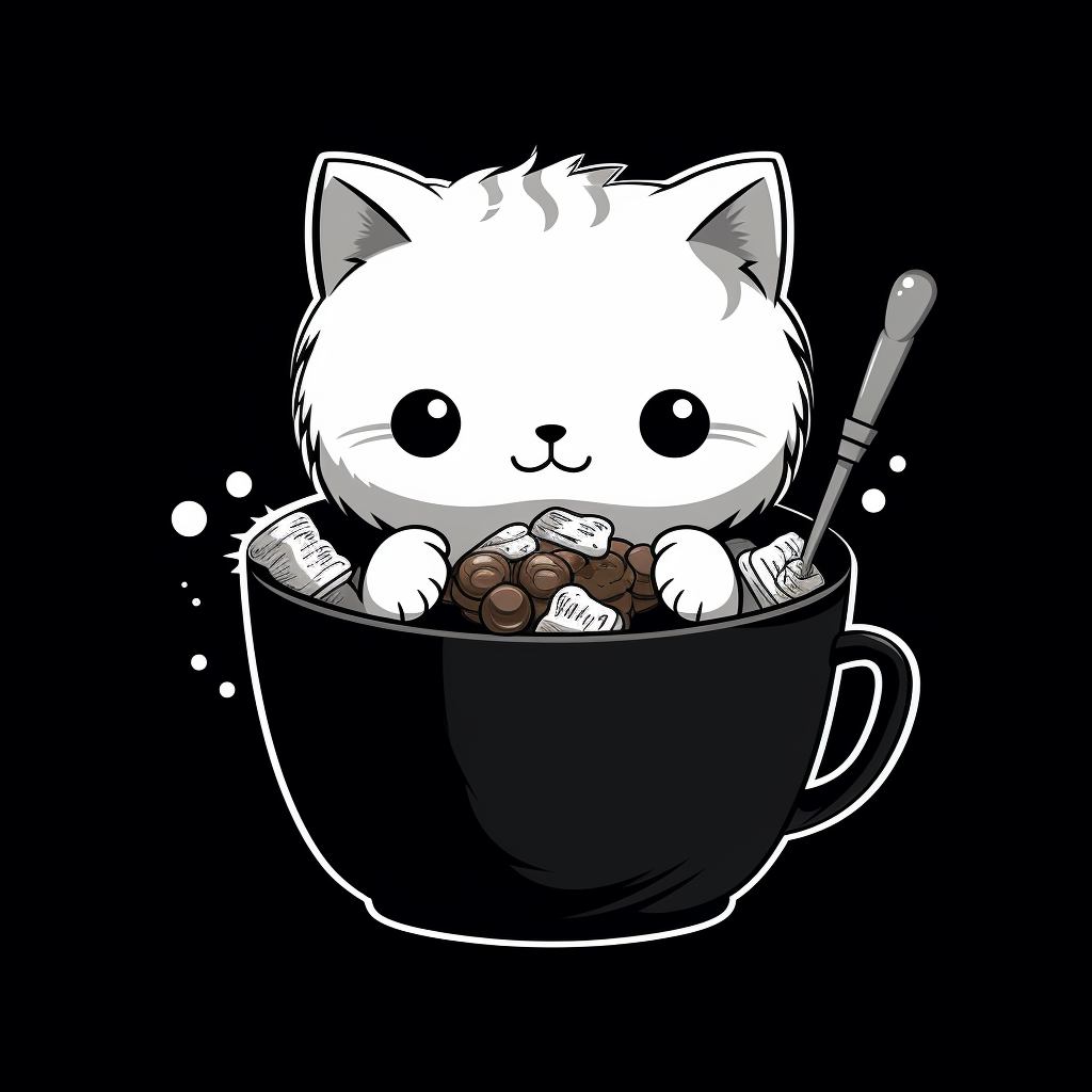 Adorable cat sitting in a coffeepot with sweets