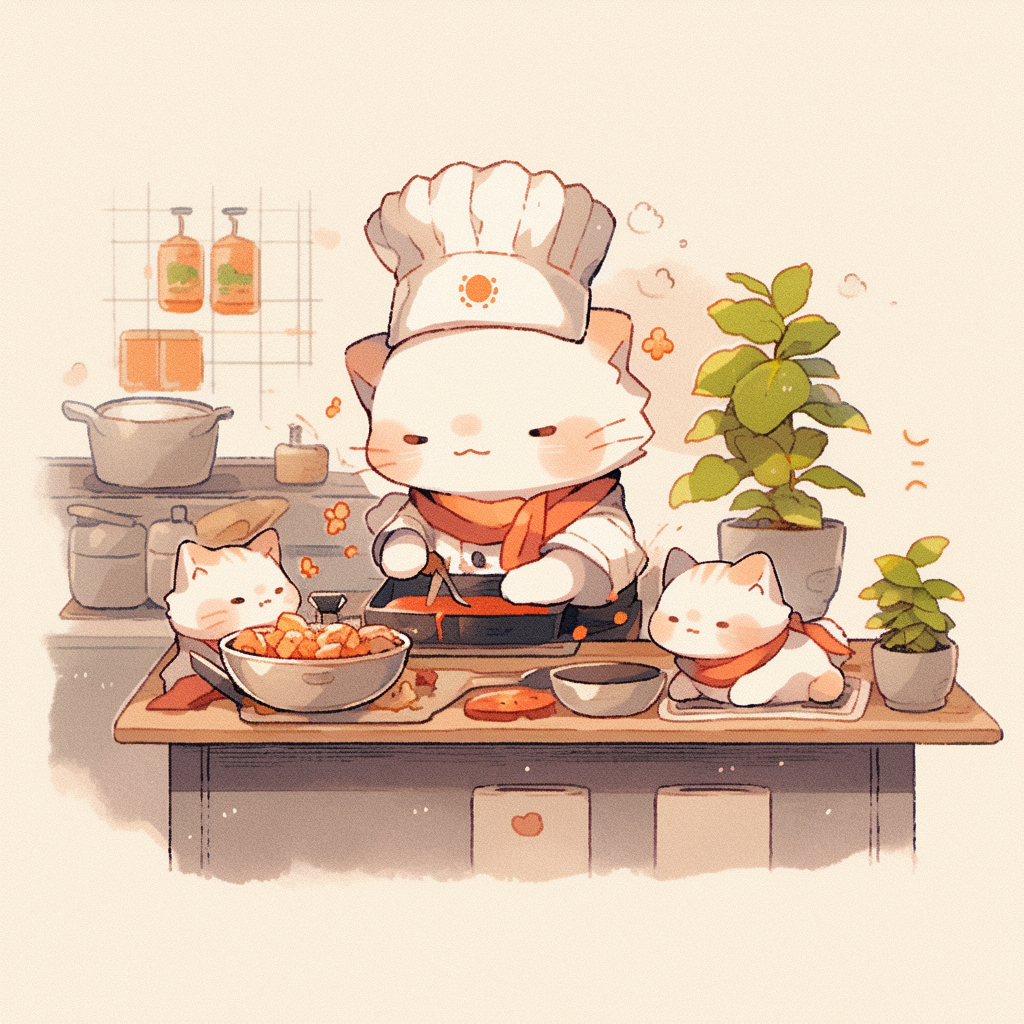 Cute cat cooking chicken wing in pencil drawing style