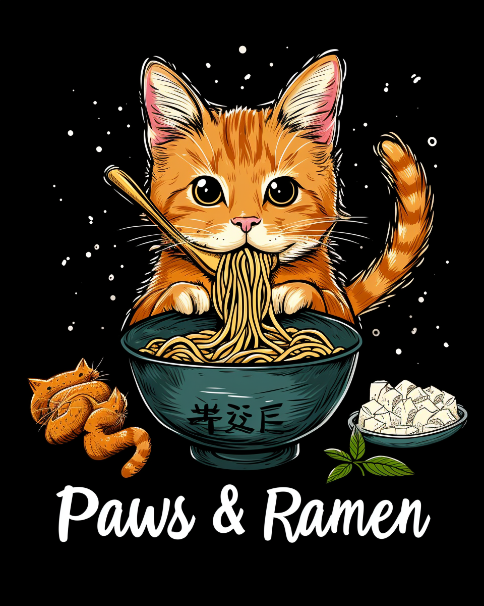 cute cat eating ramen illustration