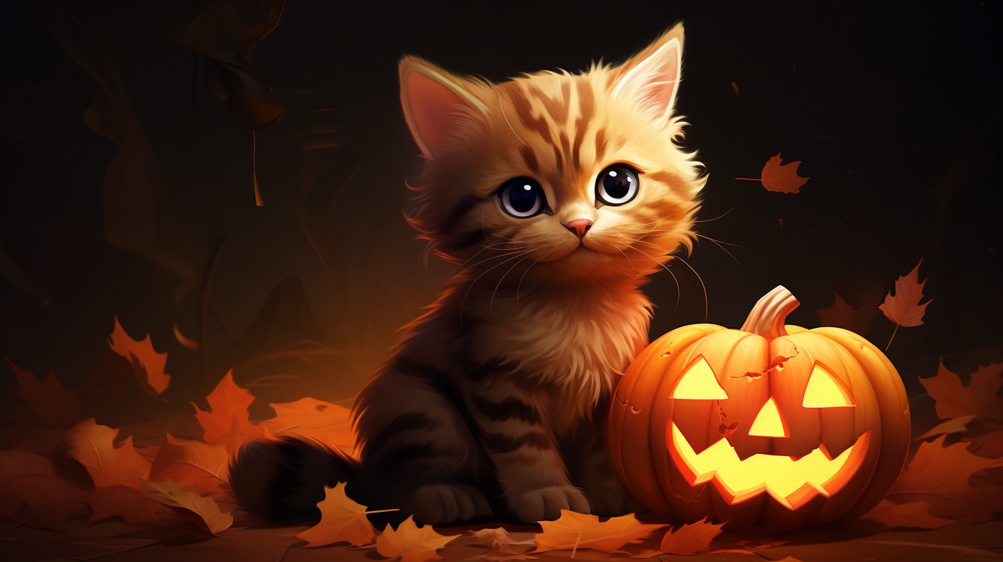 Cute cat surrounded by stylized Halloween pumpkins