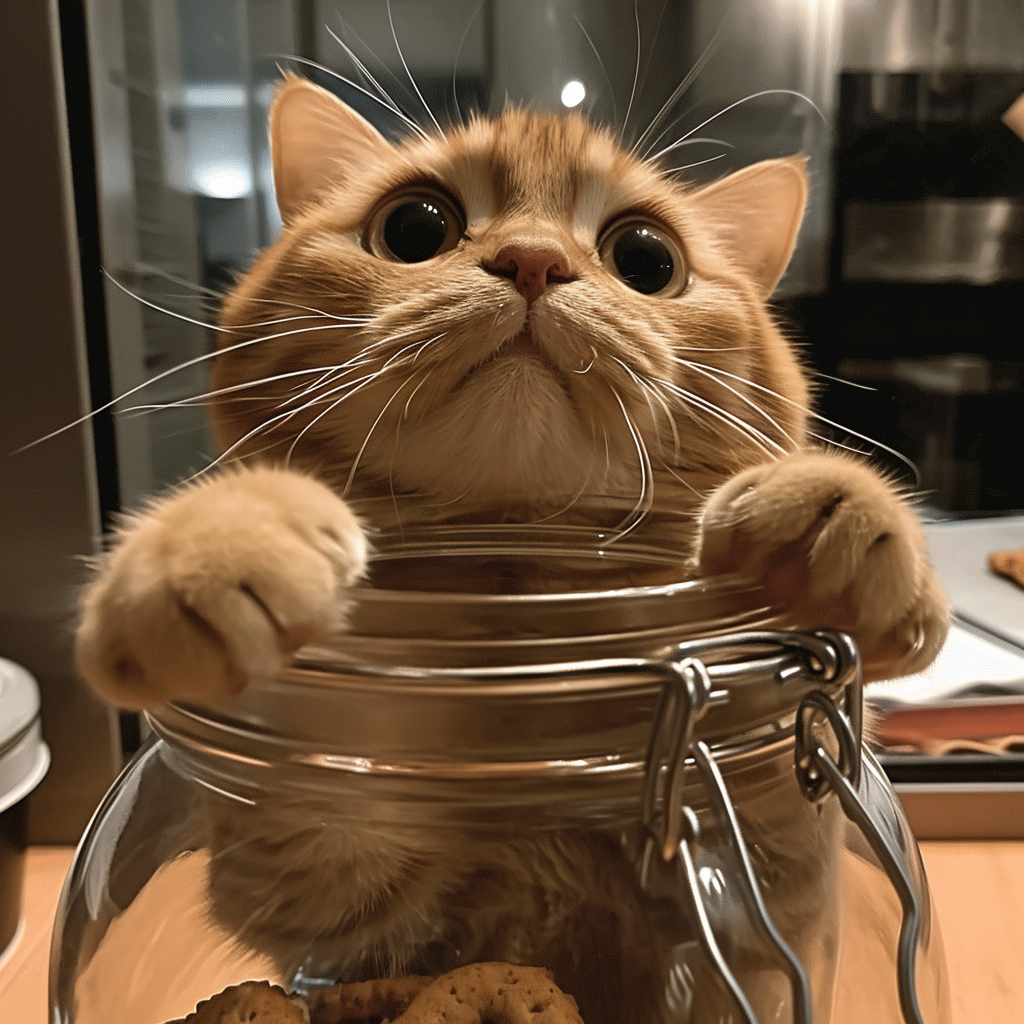 Cute cat with hand in cookie jar