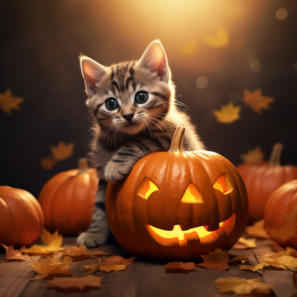 Cute cat holding a pumpkin