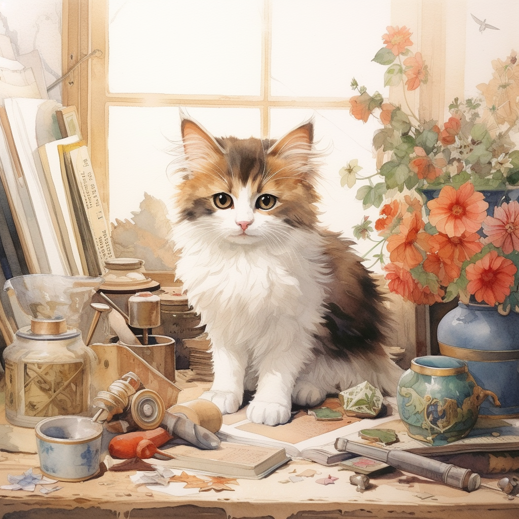 Detailed watercolor illustration of a cute cat