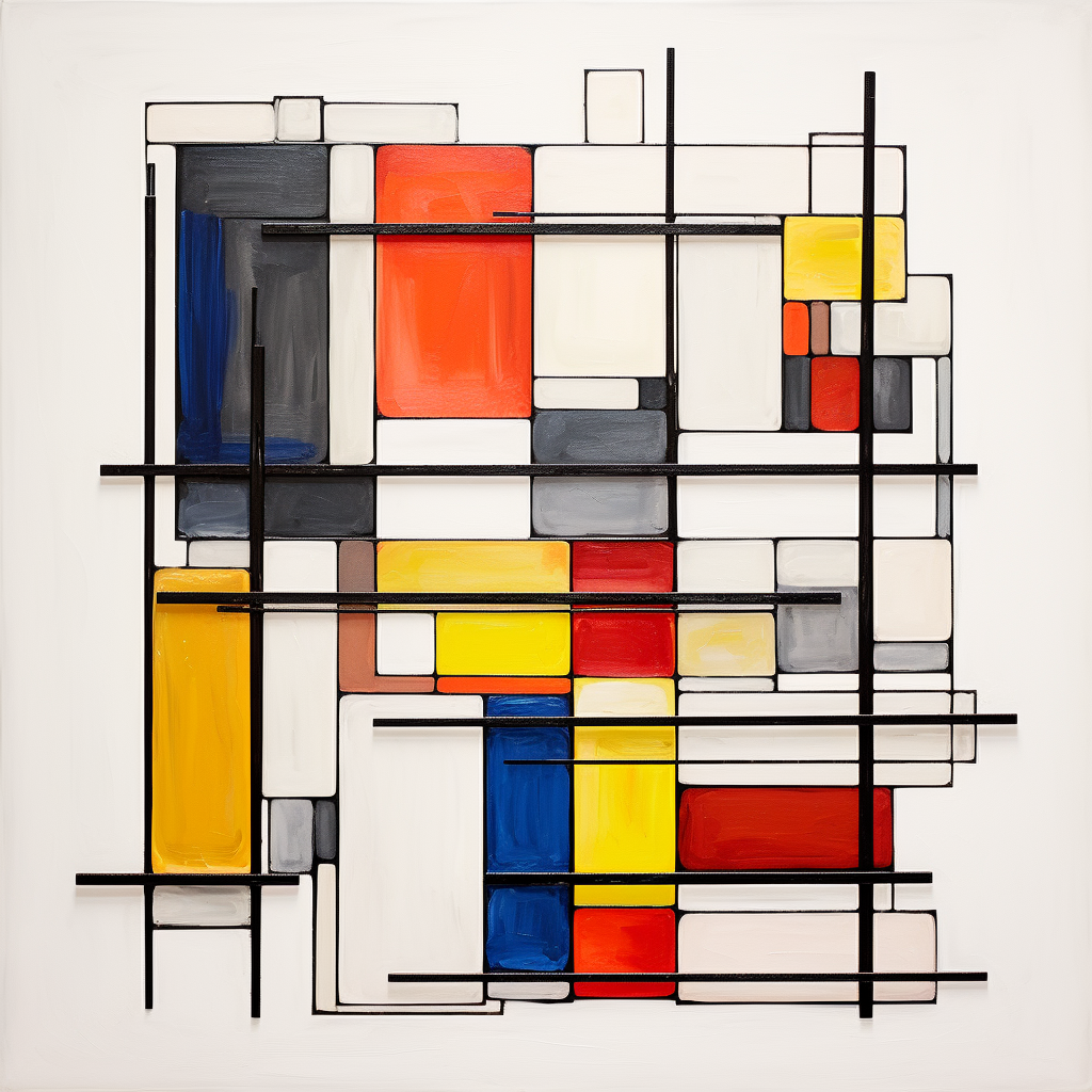 Playful cat enjoying a colorful Mondrian-inspired artwork