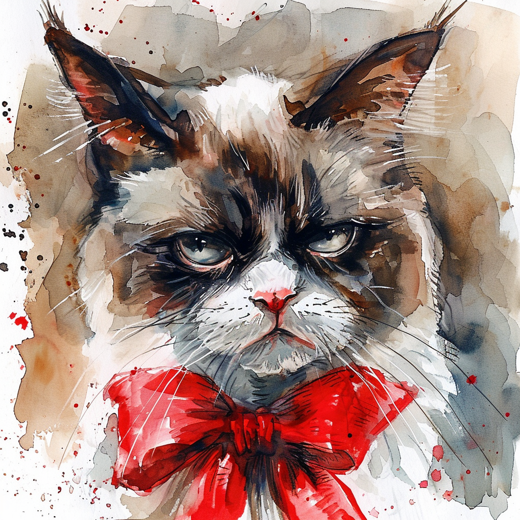 Watercolor Illustration of Playful Cat with Red Bow