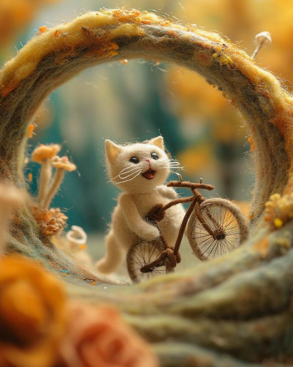 Cute cat riding bike into time travel portal