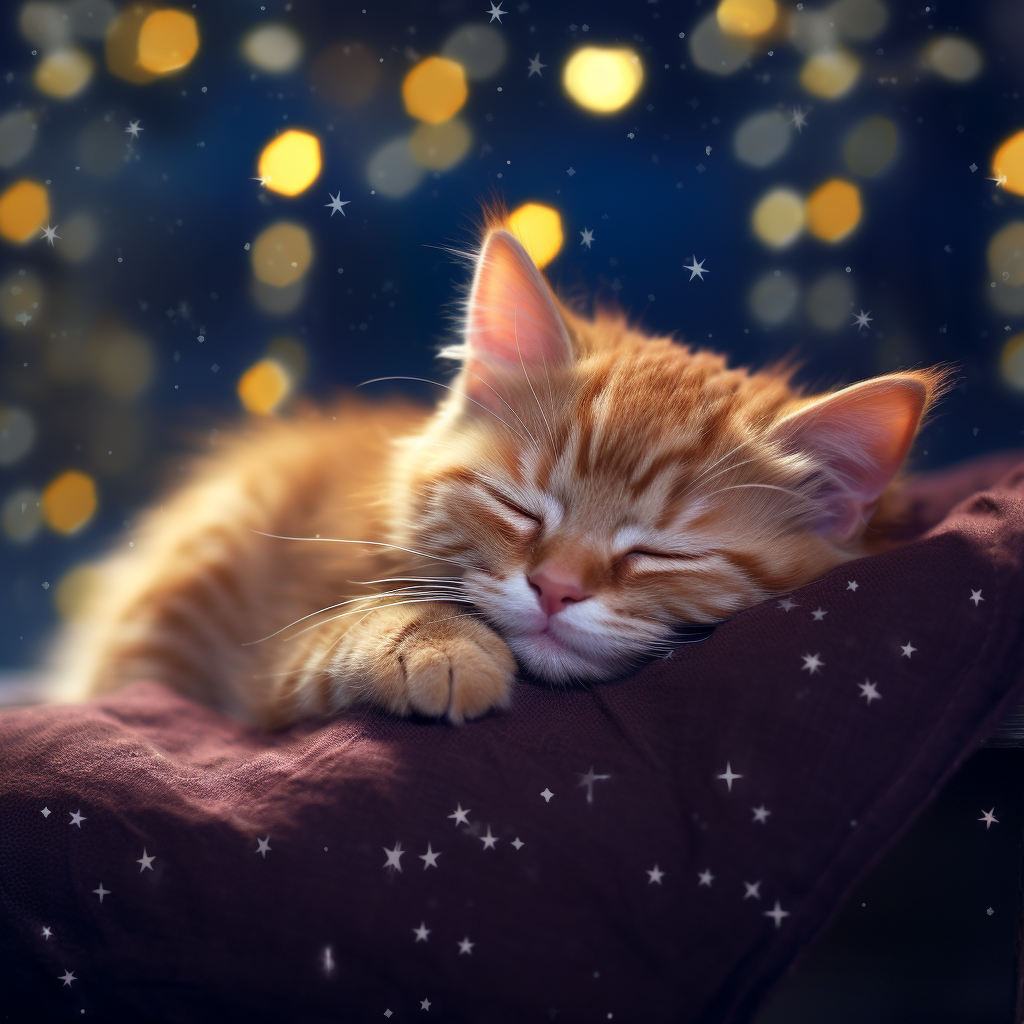 Cute Cat Sleeping on Bed with Night Sky Stars